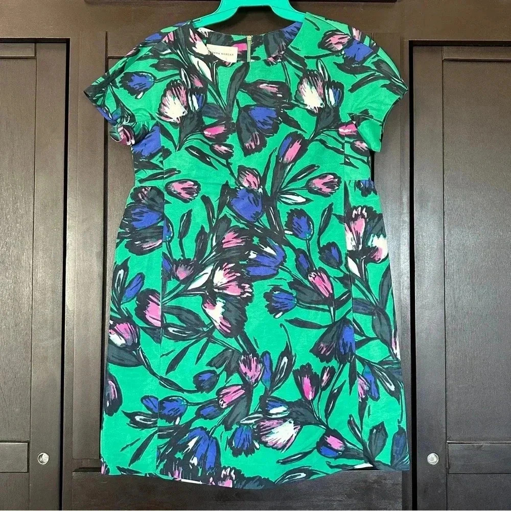 Donna Morgan Womens Dress Size 8 Green Floral Pockets Short Sleeve Back